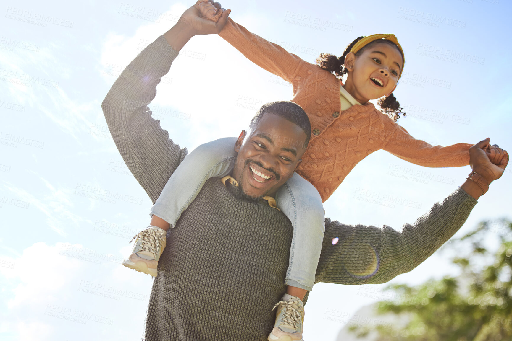 Buy stock photo Dad, play and child park with a father and girl together having fun bonding in nature. Summer adventure, family garden time and parent love of a man and happy kid with freedom, youth and blue sky