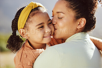 Buy stock photo Love, family and mother and girl kiss in a park, happy and relax while bonding and embracing in nature. Happy family, kissing and mama with daughter on a trip in a forest, loving and caring in Mexico