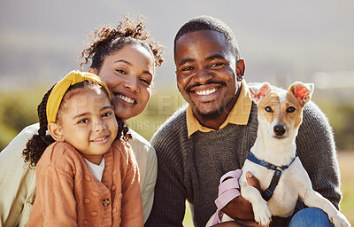 Buy stock photo Family, children and dog with a girl, mother and father in the park with their pet canine on a summer day. Portrait, love and puppy with a man, woman and daughter outdoor with their animal companion