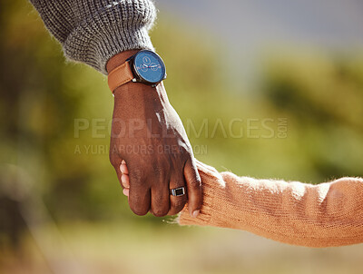 Buy stock photo Family, love and child holding hands with parent in nature, outdoor park and countryside together. Summer, affection and black person hand with kid bonding and enjoying weekend, holiday and vacation