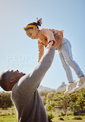 Buy stock photo Father lifting kid in air at park, garden and nature outdoors for fun, bonding and quality time together as black family. Dad throwing girl child in in sky while playing with love, care and relax 