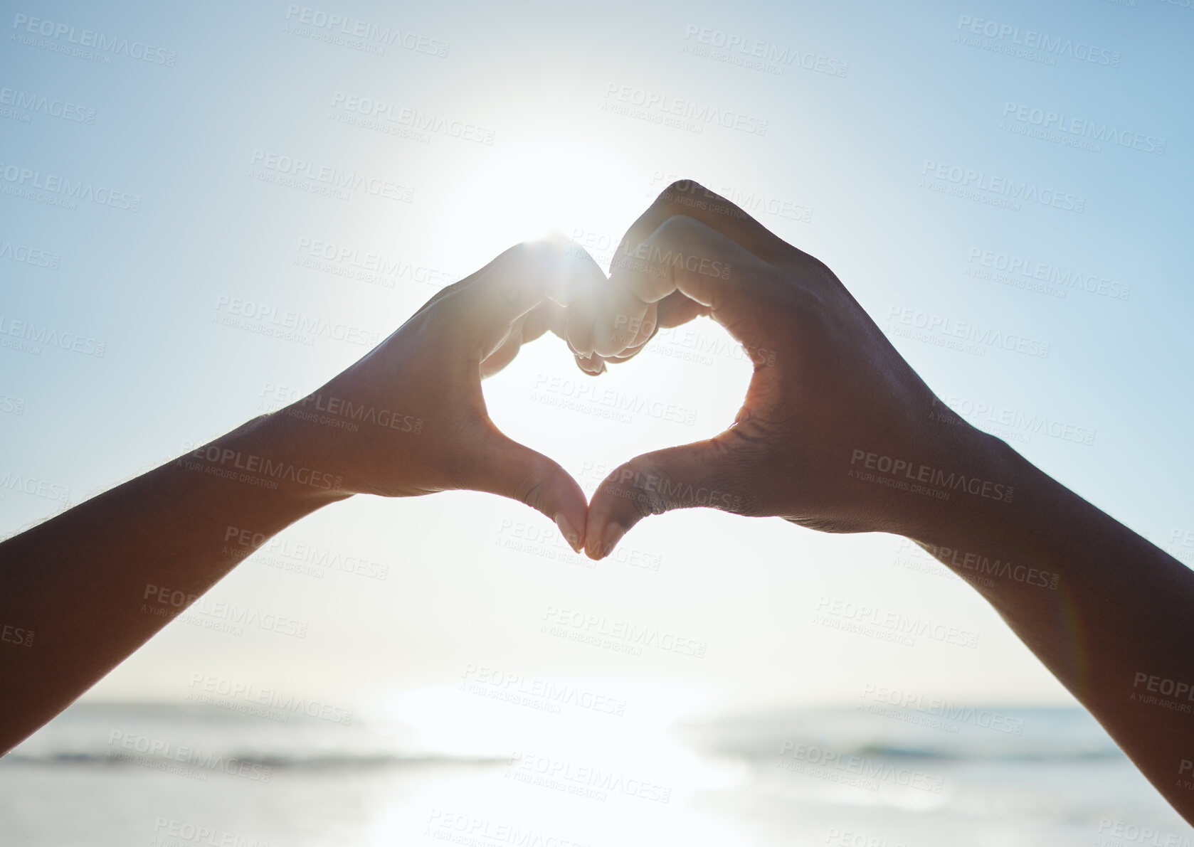 Buy stock photo Heart, love and couple hands on beach with blue sky for summer, outdoor health and holiday for nature, earth day and travel. People with care sign together for ocean, sea and clean water with mock up