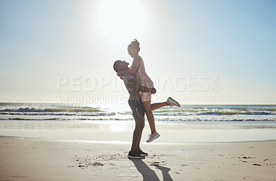 Buy stock photo Couple, bonding or hug on beach date by water waves, sea or Bali ocean in romance holiday, anniversary vacation or proposal celebration. Smile, happy or fun black woman and man love bonding in nature