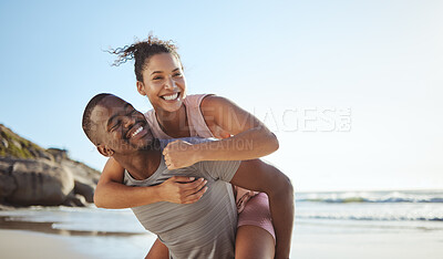Buy stock photo Fun, black couple and piggyback with happy people on vacation playing and being silly while having fun. Holiday, getaway and african girlfriend and boyfriend play whole being carefree by the sea