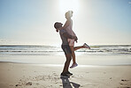 Love, beach romance and happy couple on travel holiday honeymoon for anniversary in Cancun Mexico spring break, summer fun and fitness run. Man, woman and affectionate relationship enjoy morning sun 