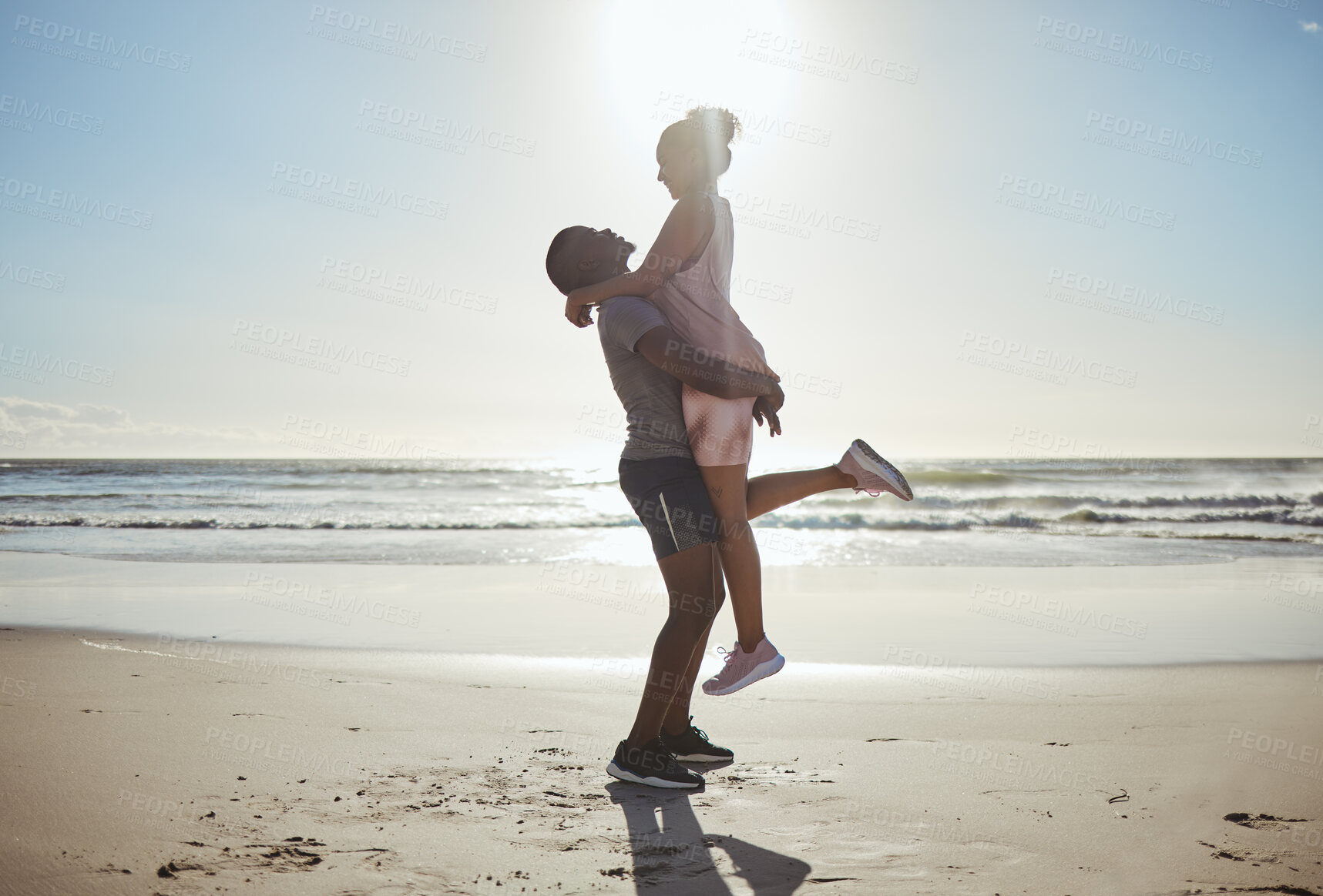 Buy stock photo Love, beach sunset and black couple on travel holiday honeymoon for anniversary in Cancun Mexico spring break, summer fun and fitness run. Man, woman and happy  relationship romance enjoy morning sun