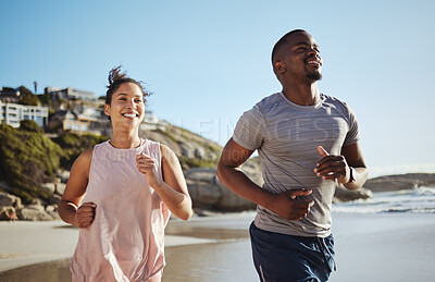 Buy stock photo Fitness, beach and running black couple training, workout and exercise for cardiovascular wellness with freedom. Happy, runners and African woman loves doing sports activities with a healthy partner
