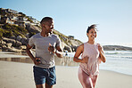 Beach fitness, running and happy black couple, friends or people workout for cardio commitment, exercise or body health. Sand freedom, peace and athlete team or sports runner doing outdoor training
