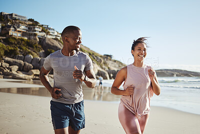 Buy stock photo Beach fitness, running and happy black couple, friends or people workout for cardio commitment, exercise or body health. Sand freedom, peace and athlete team or sports runner doing outdoor training