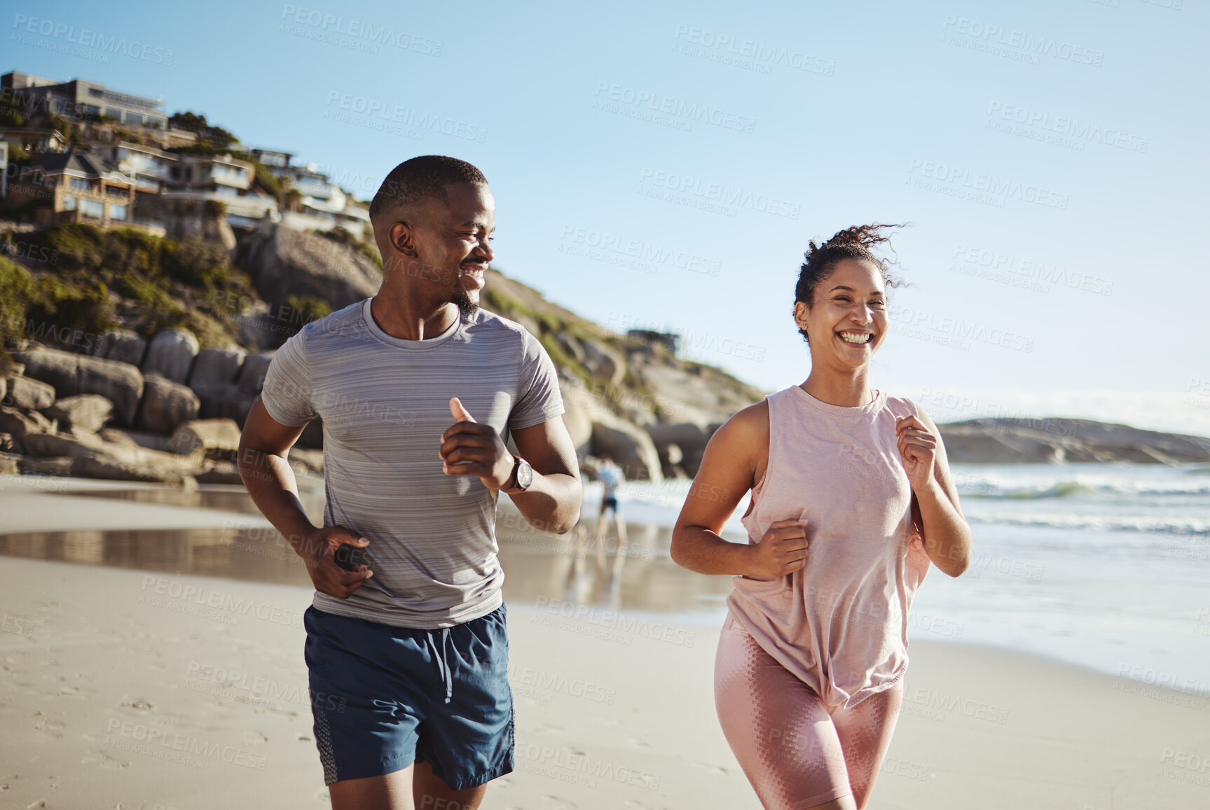 Buy stock photo Beach fitness, running and happy black couple, friends or people workout for cardio commitment, exercise or body health. Sand freedom, peace and athlete team or sports runner doing outdoor training