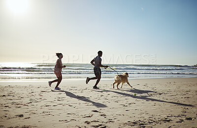 Buy stock photo Fitness, running and dog with couple at beach for freedom health and summer exercise. Sports, wellness and relax with man and woman runner with pet by the ocean for travel, support and peace workout