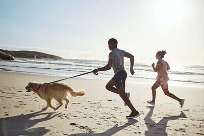 Buy stock photo Couple, fitness or running with dog on beach exercise, training or workout by water waves, ocean or California sea with Golden Retriever. Woman, man and runner people with pet animal in nature sports