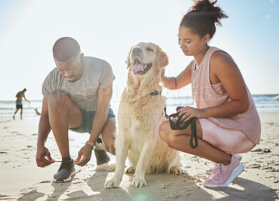 Buy stock photo Fitness, couple and dog at beach, exercise and running on sand, ocean and summer workout, sports and healthy in sunshine. Strong man, woman and runner with labrador animal for cardio training at sea 