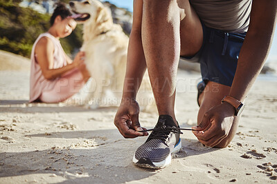 Buy stock photo Fitness, shoes and lace on beach sand for running exercise, training or workout in the outdoors. Active runner tying shoe laces for a sports run, walk or healthy cardio on the sandy ocean coast