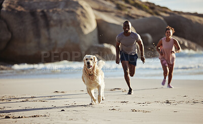 Buy stock photo Dog, running and beach with a black couple and pet on vacation feeling happiness and free. Sea, sand and holiday freedom of a family animal and people by the sea and sand on a morning run together