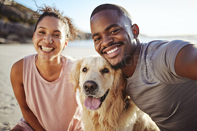 Buy stock photo Summer, couple and dog on beach selfie in Canada sun with happiness, love and care for pet. Black people, holiday and happy ocean photograph break together with healthy domestic animal.