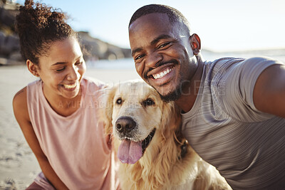 Buy stock photo Black couple, dog selfie and beach with happy woman, man and pet on the beach and sand. Portrait of a boyfriend and girlfriend with a golden retriever animal on a summer holiday by the ocean and sun