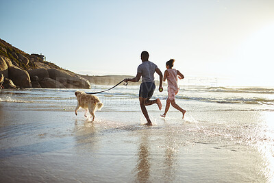 Buy stock photo Exercise, couple and dog at the beach for running, training and fitness, cardio and mockup space. Family, wellness and pet workout at sunrise, ocean and water run while bonding with their labrador