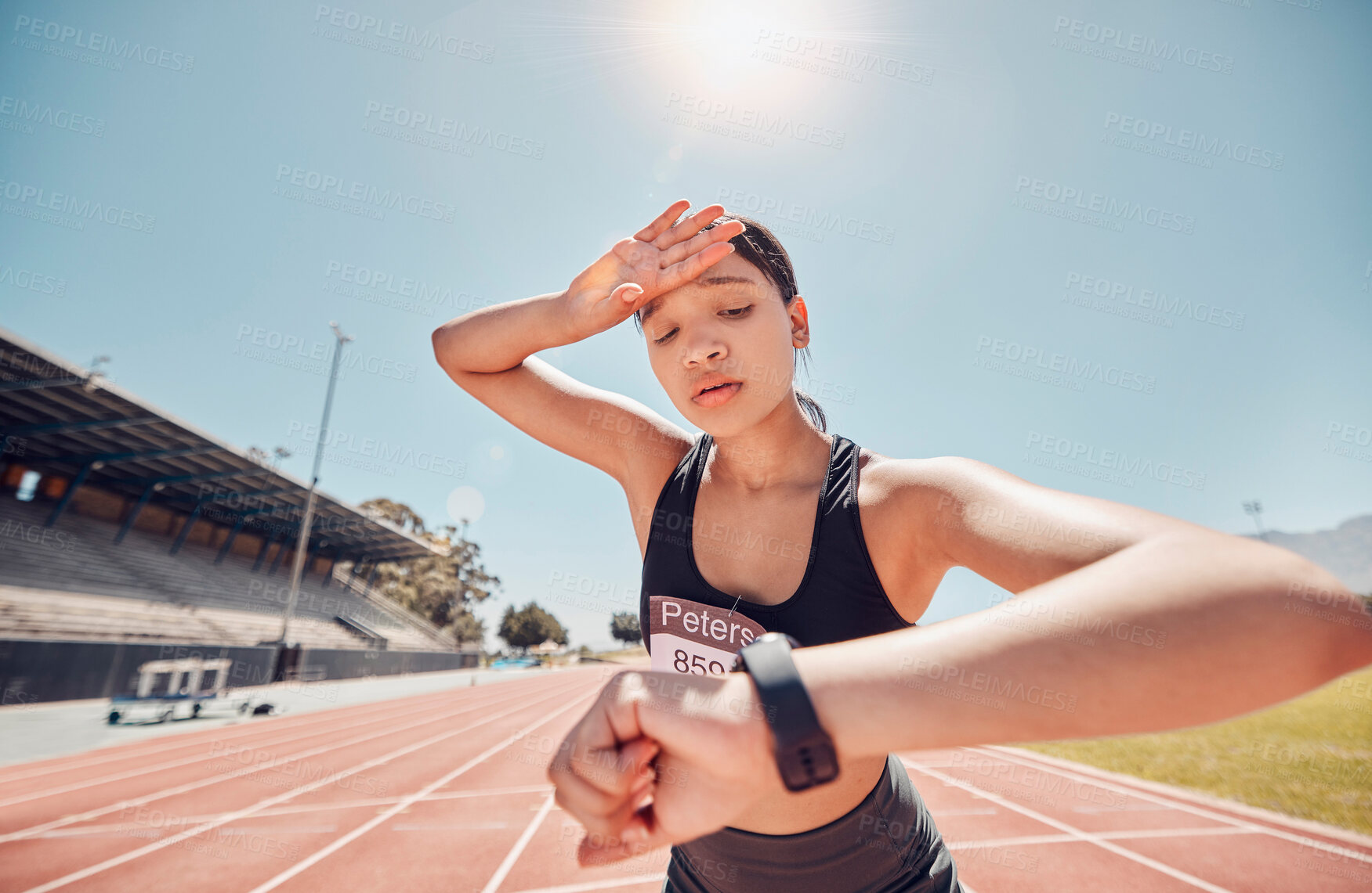 Buy stock photo Woman, tired or smart watch check on running track fitness, workout or training for sprint marathon, training challenge or race event. Stress, sweating or exhausted sports runner with speed time tech