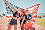 Fitness, woman runner or winner friends with smile for medal, winning portrait in running sport at stadium. Group of athlete women smiling, celebration for trophy winner, marathon or workout exercise