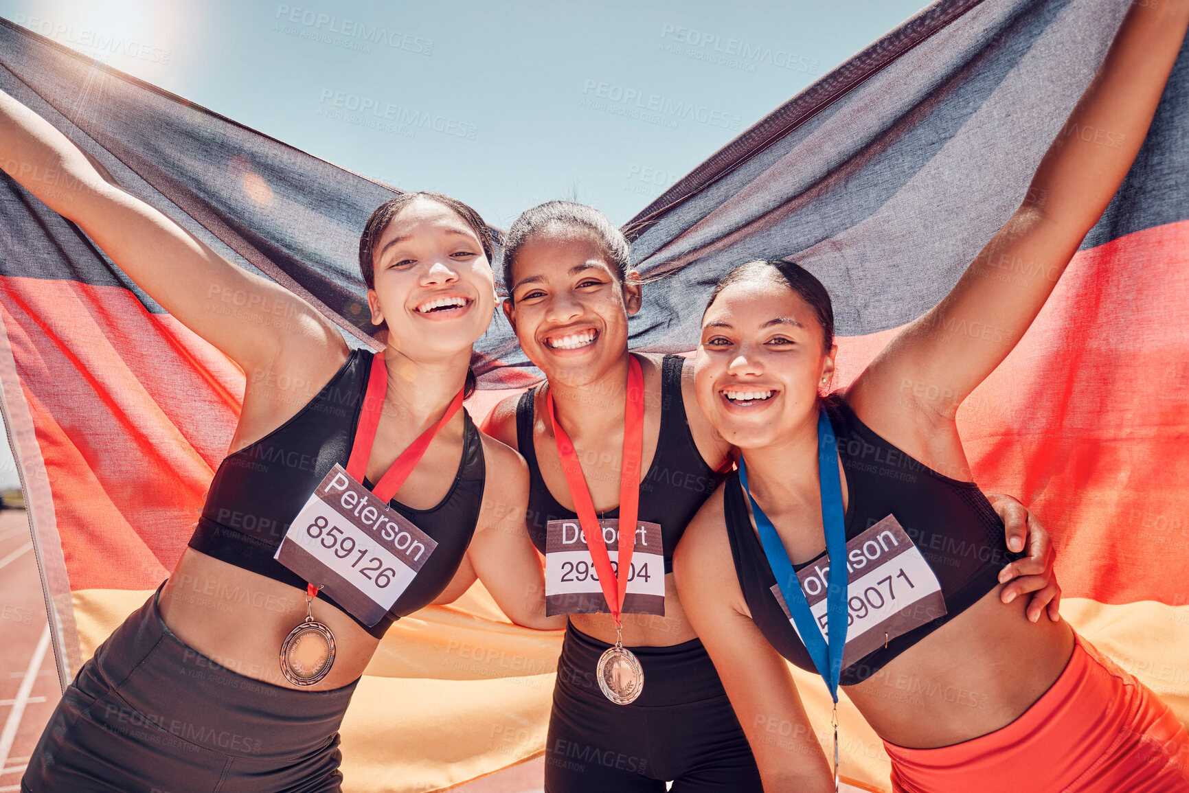 Buy stock photo Winning, friends and portrait of women athletes with germany flag and medal to celebrate success. Winner, celebration and girl team proud of achievement, goal or win at marathon, race or sports event