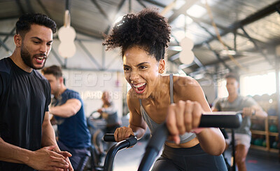Buy stock photo Gym, fitness and woman on bike with personal trainer for motivation, support and power workout, cheering and clapping hands. Coach, black woman and cycling exercise at sport center, sweat and energy