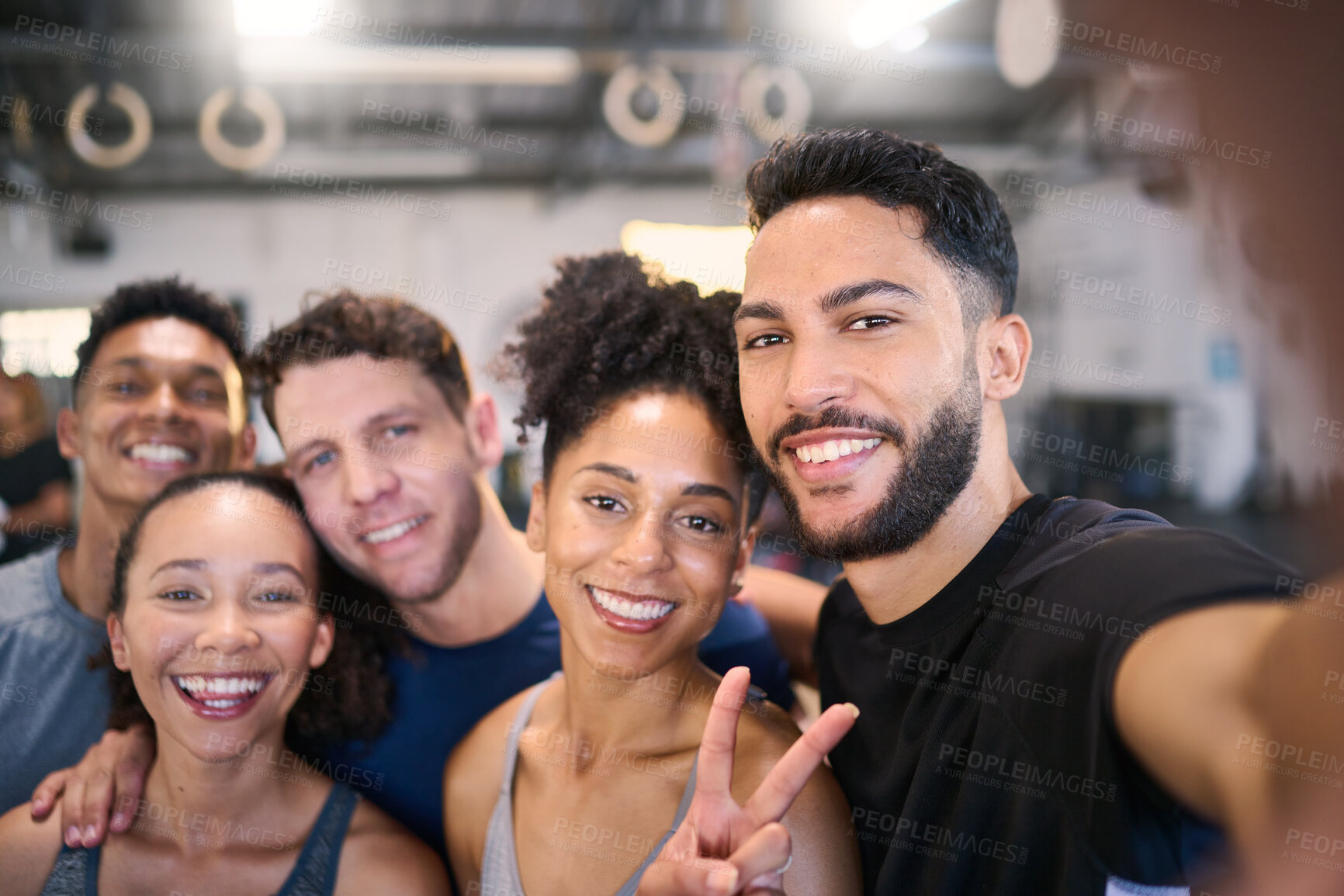 Buy stock photo Happy, friends and portrait smile for selfie together in joyful happiness, moments or memories. Group of colleagues smiling for photo and peace sign in team building or social gathering with phone