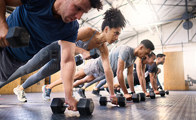 Buy stock photo Strong, fitness and gym people with dumbbell teamwork training or exercise community, accountability and group. Sports diversity friends on floor in pushup muscle workout, power and wellness together