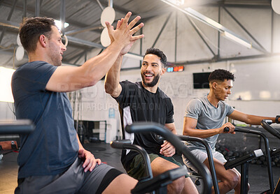 Buy stock photo Fitness, man and high five at the gym for exercise, training or cardio workout together indoors. Happy men with smile and hands in celebration for partnership, support or sport motivation in wellness