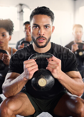 Buy stock photo Gym class, people and kettlebell workout with personal trainer for fitness, exercise and muscle endurance. Weightlifting, coach and group training at a sports studio for health, challenge and power