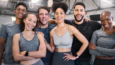 Buy stock photo Fitness, health and gym portrait of friends together for wellness, workout and exercise lifestyle. Commitment, happy and interracial friendship with healthy cardio people excited in gymnasium.

