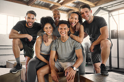 Buy stock photo Fitness, portrait and friends happy to be at gym for a group workout session, teamwork and training classes. Smile, community and healthy sports people excited for cardio exercises with diversity