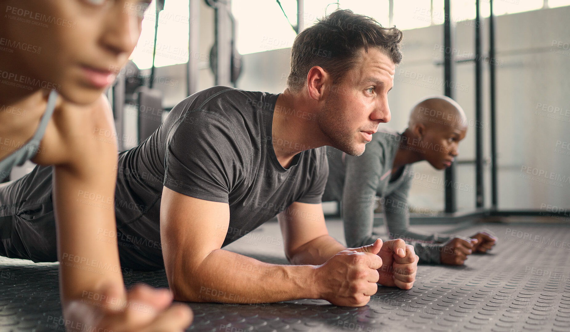 Buy stock photo Fitness, training and push up with people in gym and class for workout, health and sports. Wellness, endurance and strong with athlete and floor exercise for coaching, body builder and power together