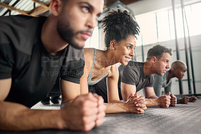 Buy stock photo Teamwork, plank exercise or diversity gym for collaboration, motivation or wellness training, workout or fitness. Friends, team or athlete in studio on floor for health, cardio or sport muscle goal