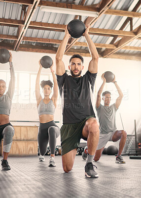 Buy stock photo Fitness, training and medicine ball with people in gym and class for workout, health and sports exercise. Wellness, strong and weights with athlete bodybuilder for muscle, coaching and endurance