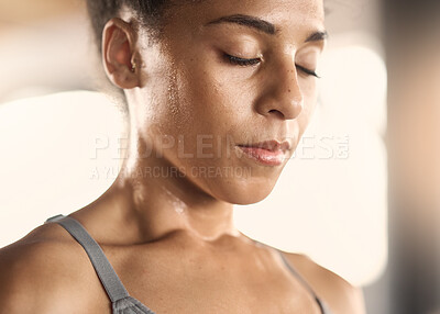 Buy stock photo Woman, tired face and sweating in gym workout, training or exercise for body goals, heart health or cardio wellness. Zoom, exhausted or fatigue sports athlete, fitness coach or personal trainer break