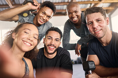Buy stock photo Men, women or diversity gym selfie of social media influencers, fitness blog or exercise pov. Portrait, smile or happy workout friends, weightlifting people or training coach in about us photography