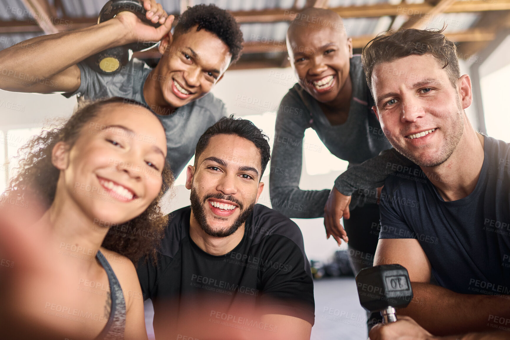 Buy stock photo Men, women or diversity gym selfie of social media influencers, fitness blog or exercise pov. Portrait, smile or happy workout friends, weightlifting people or training coach in about us photography