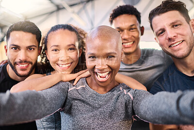 Buy stock photo Fitness club selfie, group and portrait for gym diversity, happy and smile together for teamwork. Healthy people, workout team and multicultural photo for health, wellness and exercise with happiness