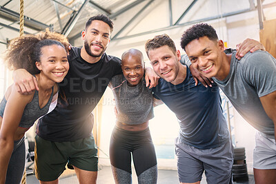 Buy stock photo Men, women or diversity fitness team gym workout or training in heart health exercise, body wellness or muscle growth. Friends portrait, happy smile or sports people in community support group huddle