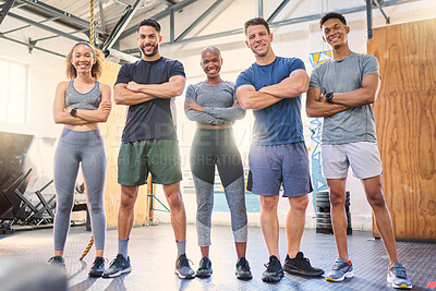 Buy stock photo Team motivation, friends or teamwork portrait in gym for training, fitness or wellness workout sports. Happy, diversity or health sport women and men for exercise, support or collaboration with smile