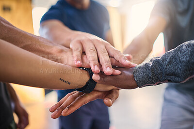 Buy stock photo Hand together, teamwork and community of business diversity, company team and support. Office employee group with hands in to show collaboration, trust and motivation for corporate job success