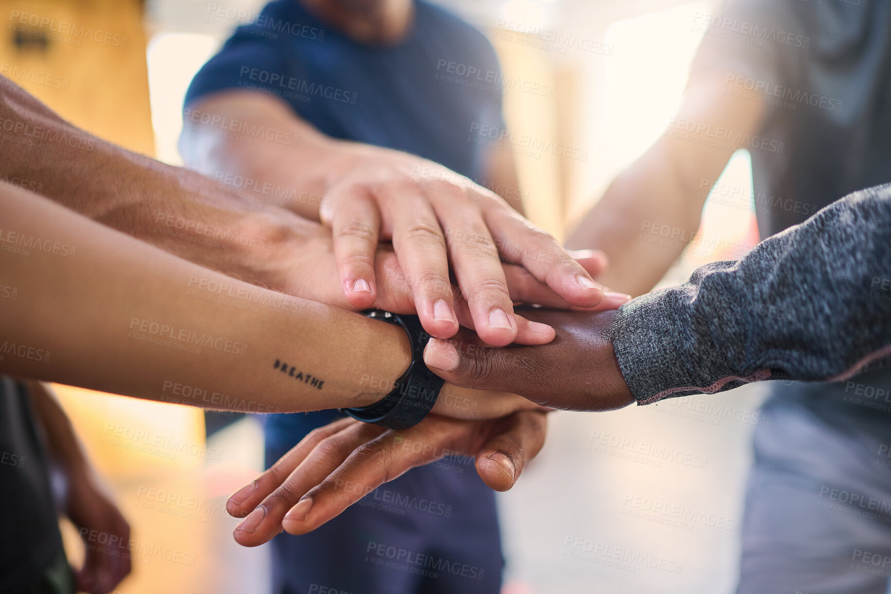 Buy stock photo Hand together, teamwork and community of business diversity, company team and support. Office employee group with hands in to show collaboration, trust and motivation for corporate job success