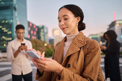 Buy stock photo Phone, black woman and city with people using phone technology and 5g web on the street. Young gen z person texting, internet networking and doing a social media app scroll online typing outdoor