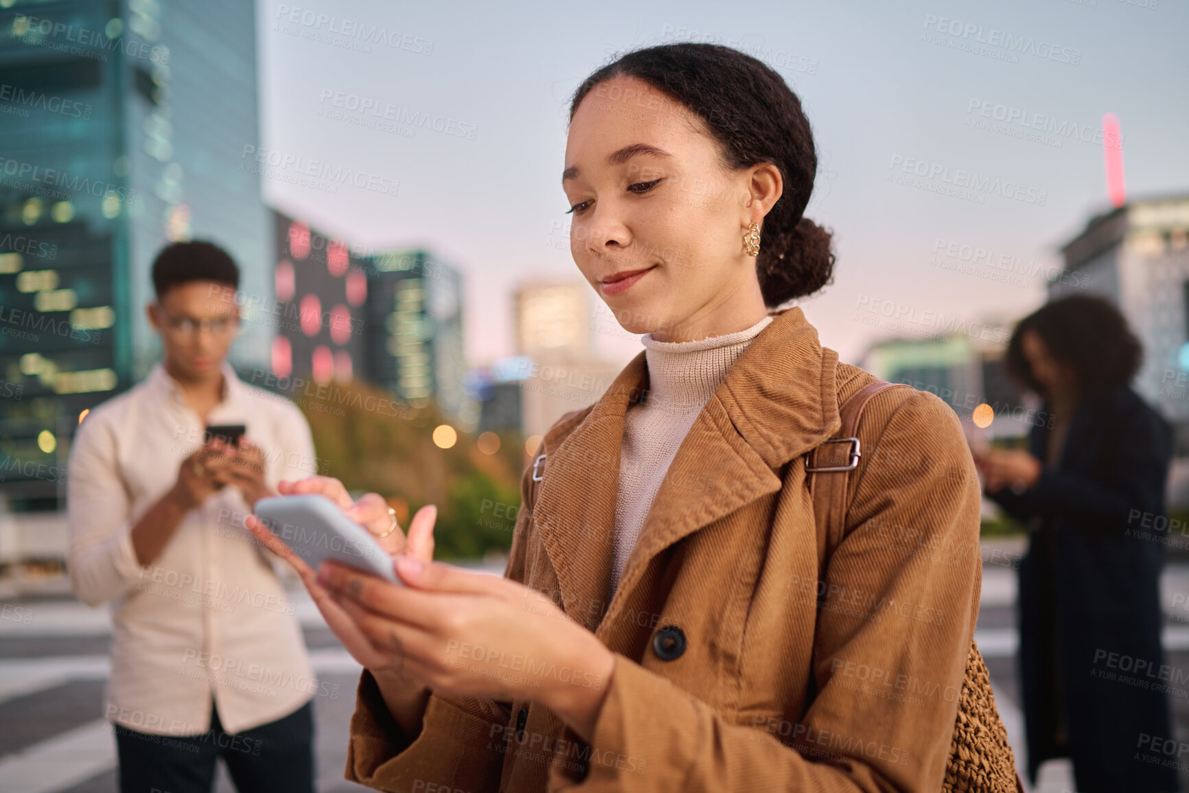 Buy stock photo Phone, black woman and city with people using phone technology and 5g web on the street. Young gen z person texting, internet networking and doing a social media app scroll online typing outdoor