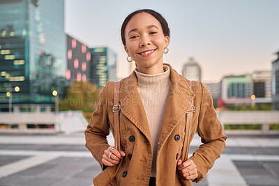 Buy stock photo Portrait, city and commute with a business black woman in town during her evening trip after work. Motivation, vision and smile with a young female employee outdoor on an urban road or street