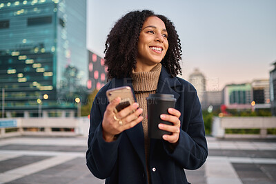 Buy stock photo Coffee, phone or business woman travel in city, street or road with smile for communication, networking or social media news. Happy, New York or black woman with tea, smartphone or success tech deal