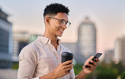 Buy stock photo Coffee, happy or businessman with phone in city or street for networking, social media app or communication with smile. Employee, designer or black man with 5g network, tea or internet mobile news
