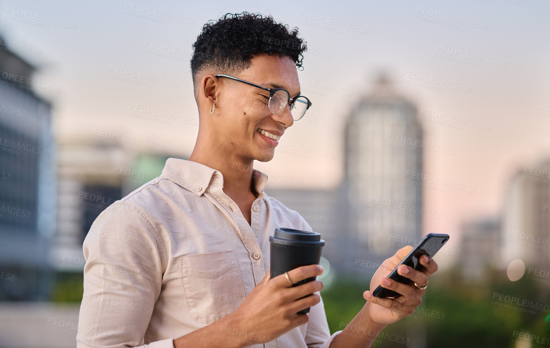Buy stock photo Coffee, happy or businessman with phone in city or street for networking, social media app or communication with smile. Employee, designer or black man with 5g network, tea or internet mobile news

