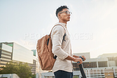 Buy stock photo Travel, electric kick scooter and man in a city, relax and riding to campus, carbon neutral and eco friendly with mockup. Student. scooter and black male traveling in town, calm and relaxing outdoors